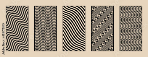 Laser cut panels. Vector stencil with abstract geometric patterns, diagonal wavy lines, stripes. Modern decorative templates for laser, CNC cutting of wood, metal, plastic, paper. Aspect ratio 1:2