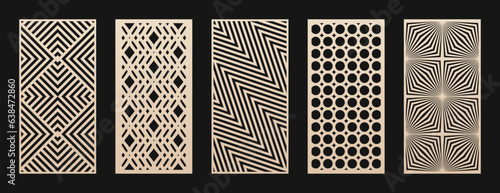 Laser cut, CNC cutting set. Vector collection of abstract geometric patterns with lines, stripes, grid, chevron. Decorative stencil for laser cutting of wood panel, metal, plastic. Aspect ratio 1:2