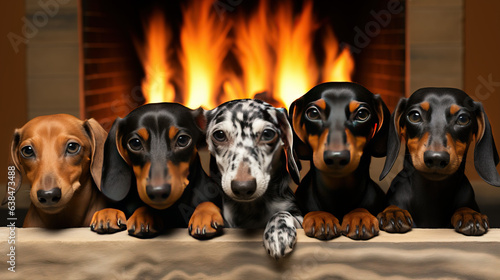 Five cute dachshund puppies by the fireplace created with Generative AI technology