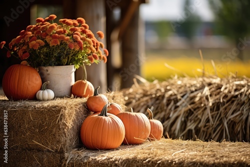 Stampa su tela A rustic scene of hay bales, pumpkins, and chrysanthemums - Country Fall - AI Ge