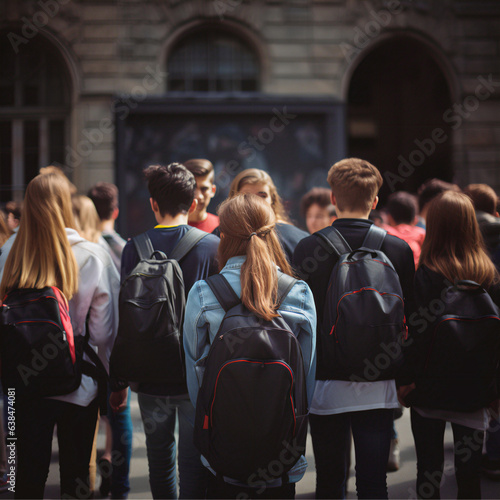 photography of young people from the back leaving school after the end of school hours, photographed from behind