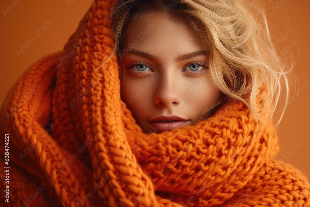 Studio shot of a woman wrapped in a cozy sweater against a gradient orange background - Autumn Warmth - AI Generated Studio shot of a woman wrapped in a cozy sweater against a gradient orange background - Autumn Warmth - AI Generated
