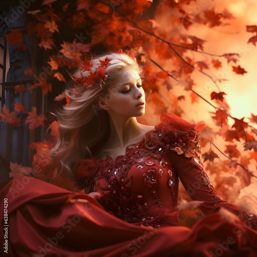 Beautiful young woman in a wreath of autumn leaves. Halloween. Red Autumn Fantasy. Autumnn queen. 