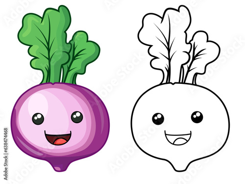 Turnip cartoon vector illustration, white turnip, neeps, tournips, rapeseed vegetable colored and black and white line art stock vector image