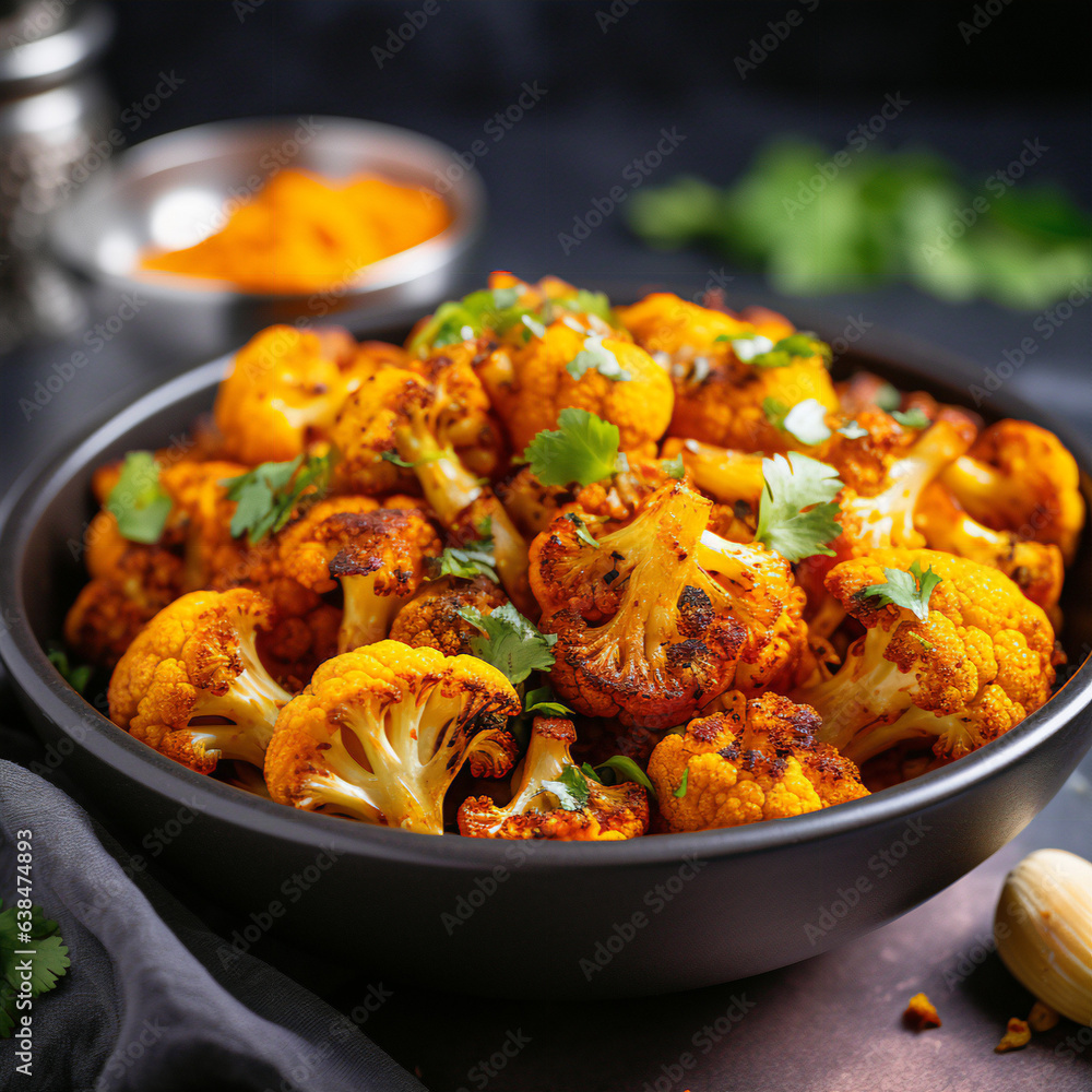 pretty picture of Turmeric Cauliflower Bites made by an air fryer Stock