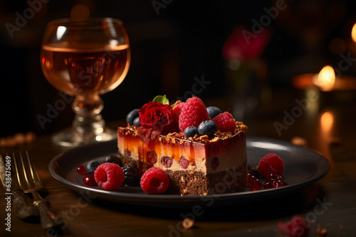 Beautifully decorated dessert with a glass of sweet wine. AI Generated