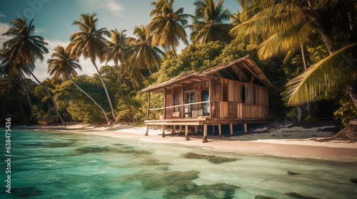 Bungalow in tropical beach.  Cozy wooden touristic cabin.  AI Generated © EwaStudio