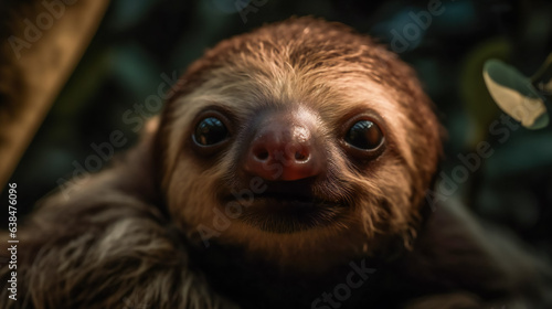 Curious Baby Sloth Peeking Out from Behind a Leaf. Generative AI © EwaStudio