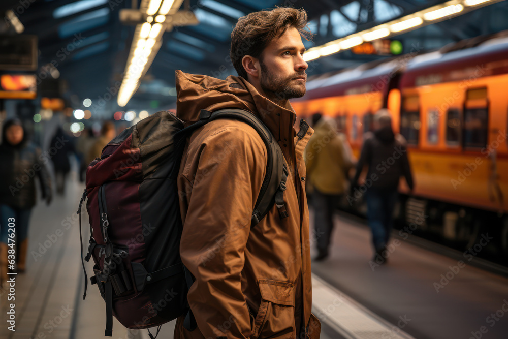 Nomadic Lifestyle. Adventurer with a backpack on a train platform, showcasing the lifestyle to go everywhere. Generative Ai.