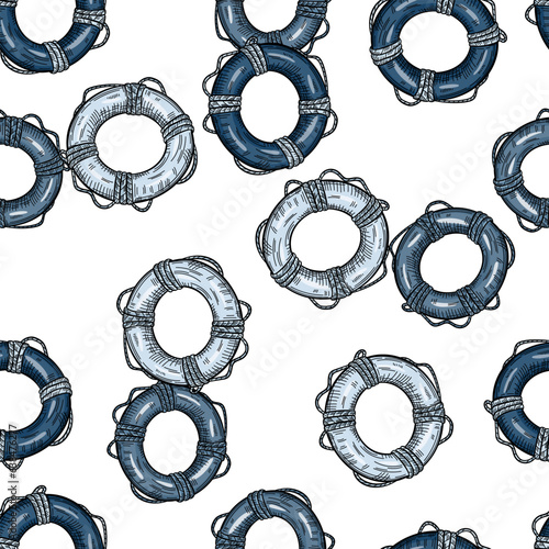 Vintage lifebuoy with rope sketch seamless pattern. Hand drawn life ring in engraving style wallpaper.