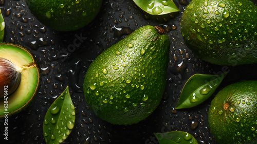 Glistening Drops on Fresh Avocado Background. Generative AI