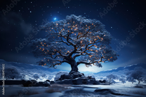 A tree adorned with lights  its branches aglow with shimmering brilliance  generative stock ai