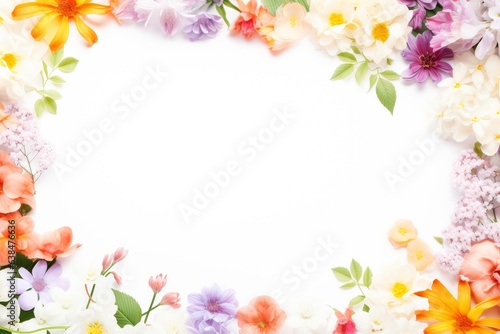 Floral border frame card template. multicolor flowers  leaves  for banner  wedding card. Springtime composition with copy-space