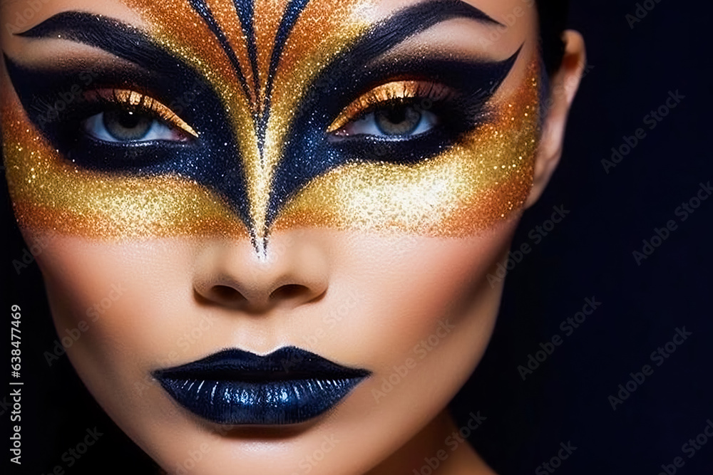 Fashion Glamour Makeup. Holiday Gold Glittering Eyeshadows.  Stunning Art Eye Make-up. AI Generative