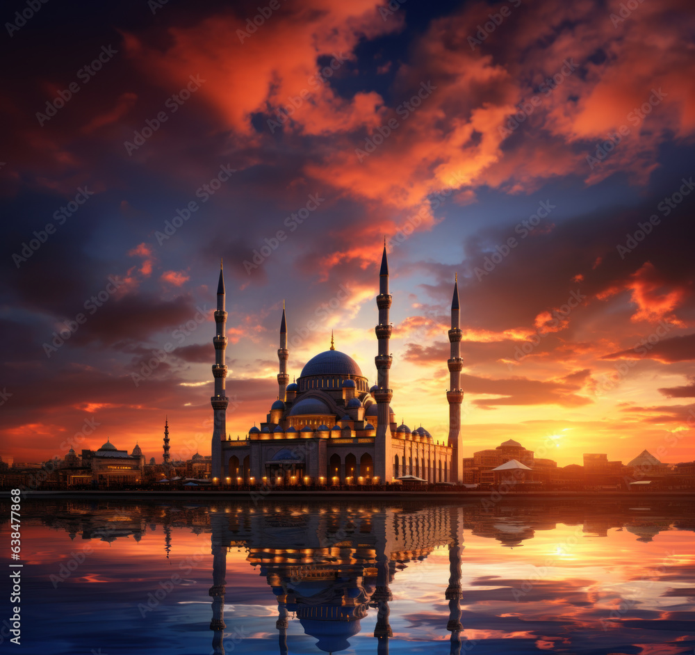Obraz premium Beautiful Mosque Background with sunset atmosphere