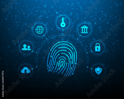 fingerprint cyber security technology digital on blue background. electronic key and code safety icon cyber. information privacy padlock. vector illustration fantastic technology design.