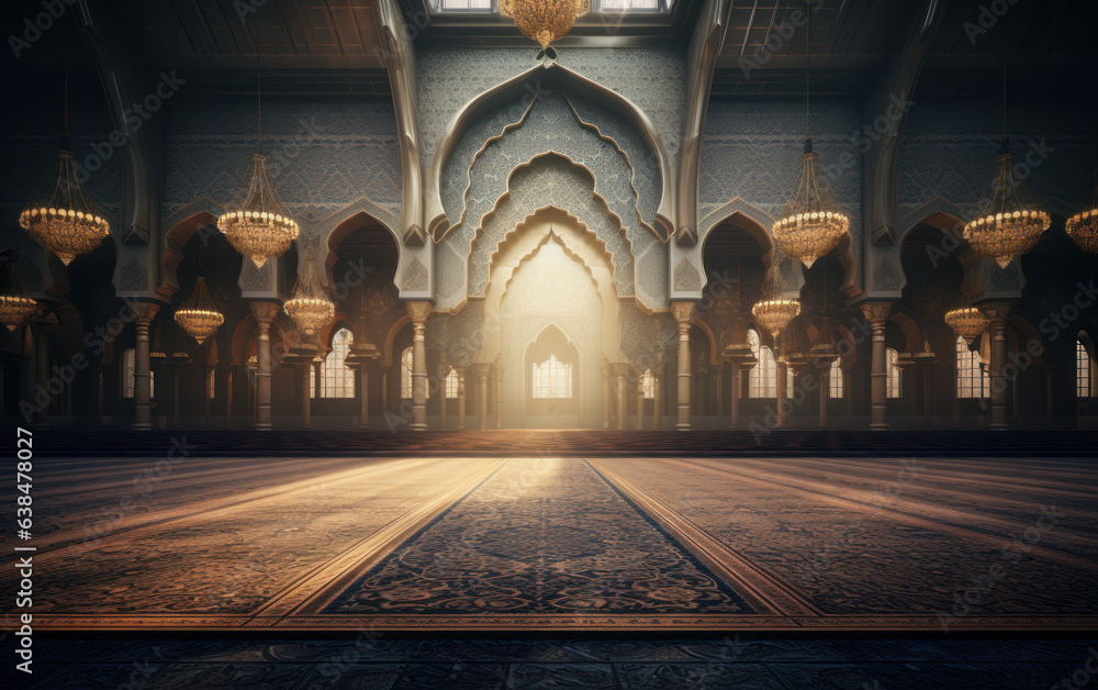 Sunlight illuminates the gaps in the interior pillars of the mosque building