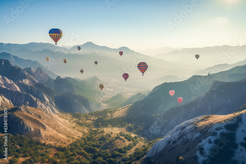 Hot air balloons floating up to the sky. AI Generated