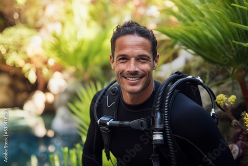 Portrait of smiling man with scuba gear in swimming pool at resort © Nerea