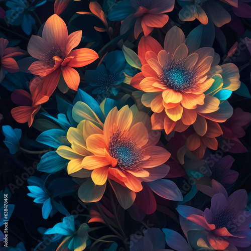Realistic style glowing flowers seamless pattern. Generative AI © designermetin