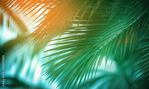 Palm leaves wallpaper. Sunny tropical background. For banner, postcard, book illustration. Created with generative AI tools © Lidok_L