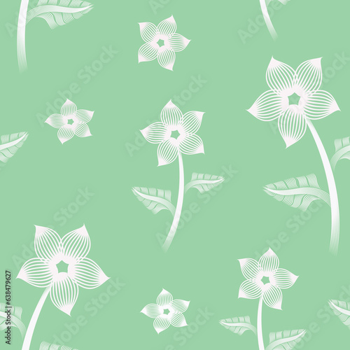 seamless pattern flower stem with leaves linocut design green background.