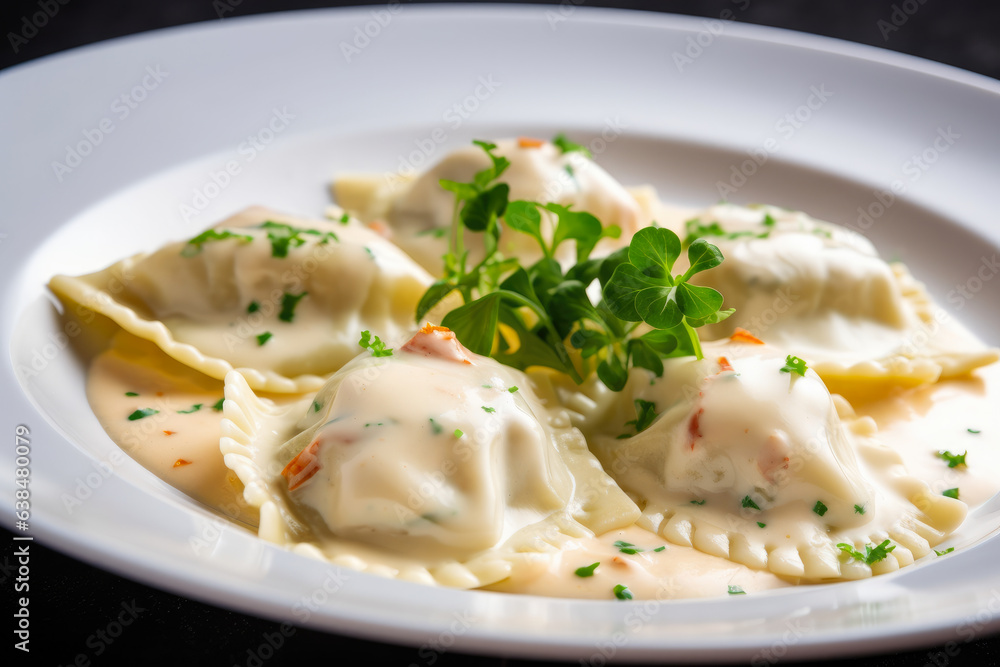 A close-up of delicious crab-stuffed ravioli, smothered in creamy alfredo sauce and garnished with fresh parsley