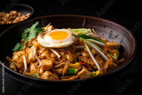 A close-up shot of a black bowl filled with Pad Thai Noodles, chicken, and eggs, capturing all the delicious details