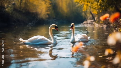 Fototapeta Naklejka Na Ścianę i Meble -  Swan Lake Romance . AI Generated