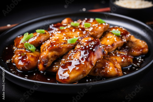 a delectable chicken teriyaki, glazed with a rich, shiny sauce, topped with sesame seeds and green onions