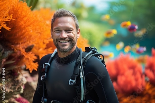 Portrait of smiling man with scuba gear against tropical coral reef © Nerea