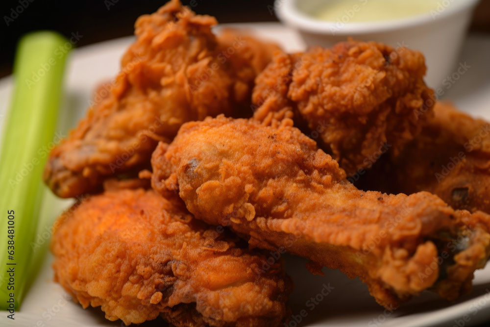A close-up of a crispy, seasoned fried chicken wing with a juicy, flavorful inside, accompanied by hot sauce and celery sticks A close-up of a crispy, seasoned fried chicken wing with a juicy, flavorful inside, accompanied by hot sauce and celery sticks