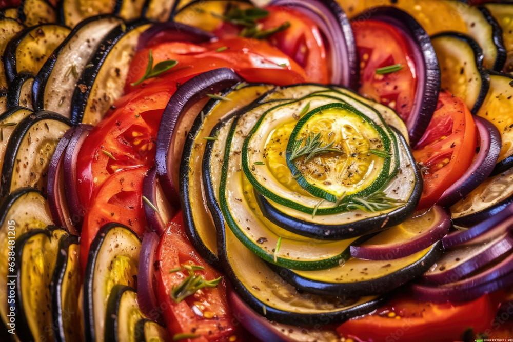 A stunning macro shot showcases the intricate and beautiful pattern formed by the sliced vegetables in a ratatouille dish
