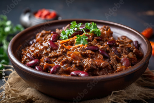 a mouthwatering macro shot of slow-cooked Chili con Carne, packed with savory beef and an array of aromatic spices