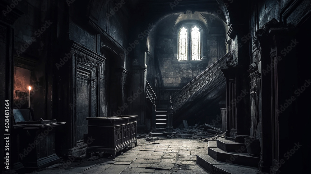 haunted castle interior on creepy spooky night - obrazy, fototapety, plakaty 