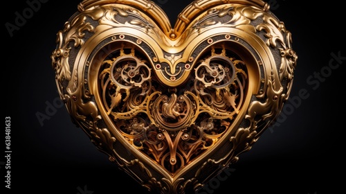 Heart shaped floral textured golden metallic 3d icon isolated on black background
