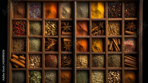 variety of most most popular spices in a wooden box. Ai Generated