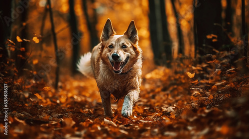 happy dog running in autumn forest