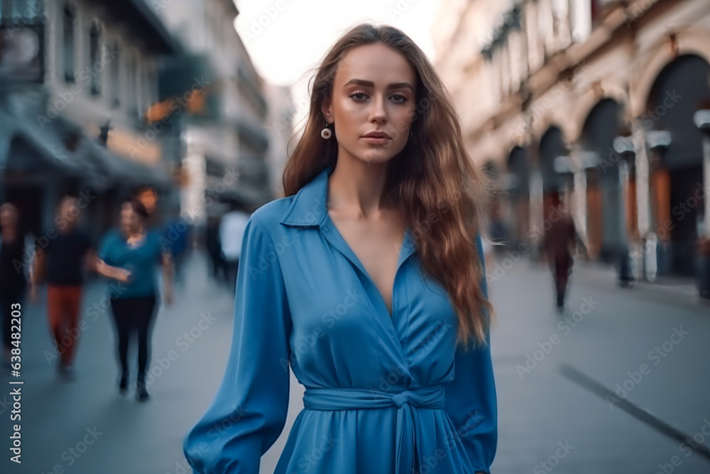 young beautiful caucasian woman in blue dress walking in city center. AI Generated