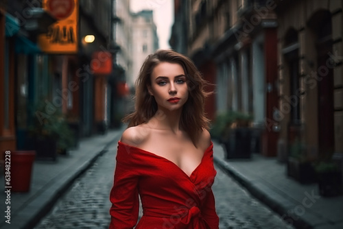young beautiful caucasian woman in red dress walking in city center. AI Generated