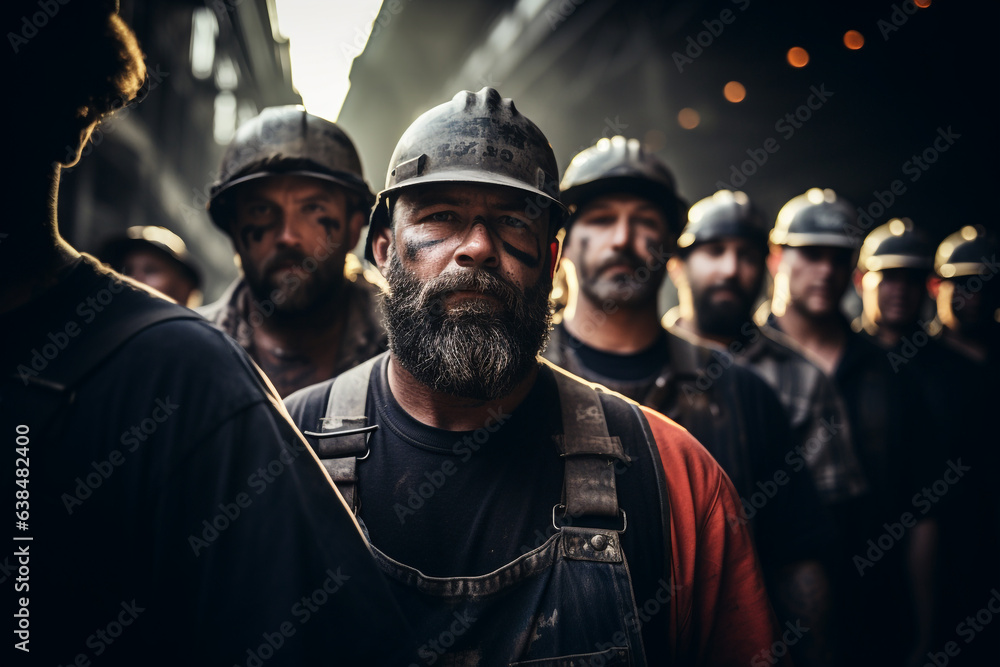 Photography that captures the essence of Labor Day, showing a group of industrial workers in an urban setting Photography that captures the essence of Labor Day, showing a group of industrial workers in an urban setting