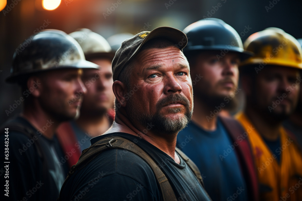 Photography that captures the essence of Labor Day, showing a group of industrial workers in an urban setting Photography that captures the essence of Labor Day, showing a group of industrial workers in an urban setting