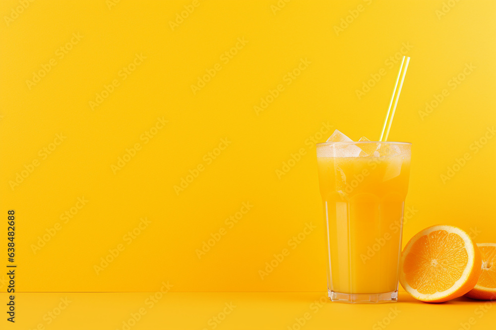 fruit juice on a yellow background with empty space around it taken from a normal angle fruit juice on a yellow background with empty space around it taken from a normal angle
