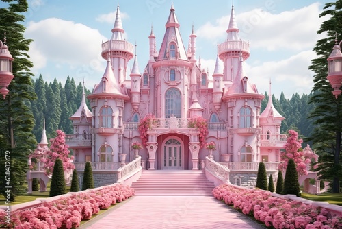 Enchanting pink castle house nestled in a whimsical landscape, Generative AI