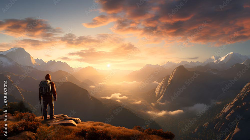 Fototapeta premium Person in the Mountains - Landscape Sunrise Hiker (Generated using AI) 