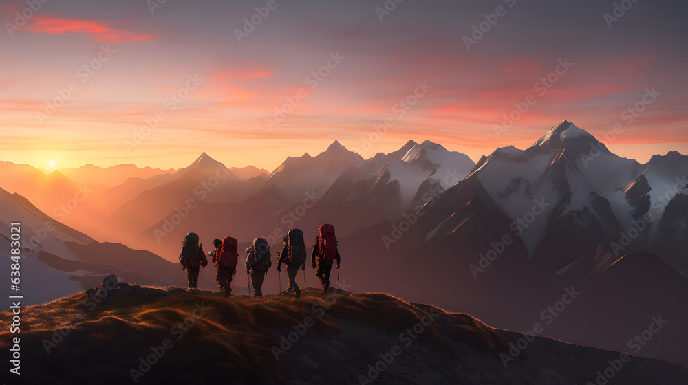 Hikers at Sunset in the mountains (Generated using AI)