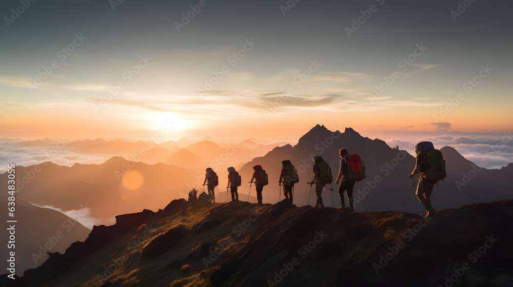 Hikers at Sunrise in the mountains (Generated using AI)