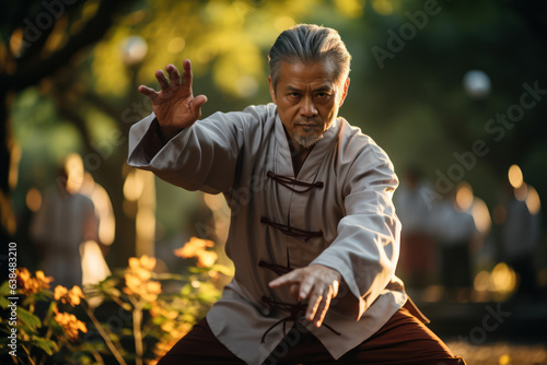 Mind-Body Connection. Person practicing tai chi in a park, emphasizing the harmony between mind and body to be healthy. Generative Ai.