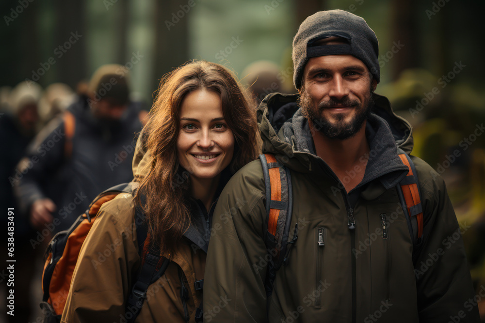 Fototapeta premium Outdoor Adventure. Friends hiking through a forest, embracing the active and adventurous lifestyle to be healthy. Generative Ai.