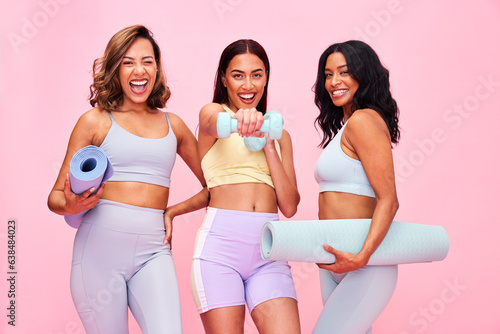 Quadro su tela Portrait, group and women with fitness, smile and pilates training on a pink studio background